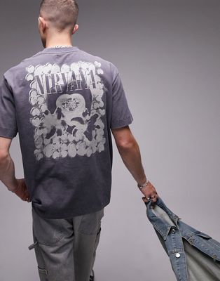 Topman oversized fit t-shirt with front and back Nirvana heart box print in washed charcoal-Gray