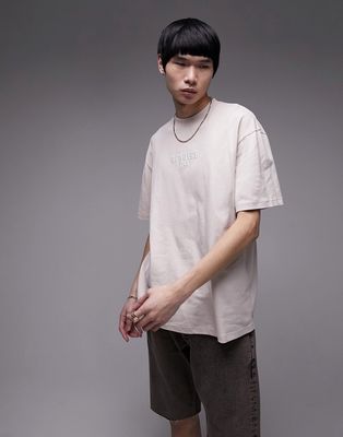 Topman oversized fit T-shirt with raised nowhere embroidery in stone-Neutral