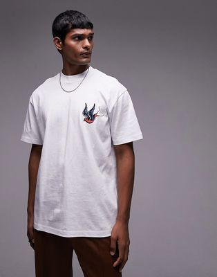 Topman oversized fit t-shirt with swallow tattoo embroidery in white