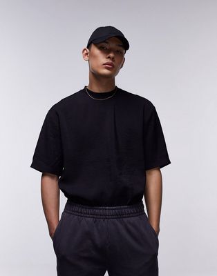 Topman oversized fit woven T-shirt with mid sleeves in black