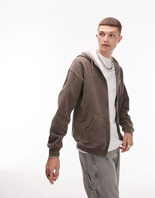 Topman oversized full zip hoodie in washed brown