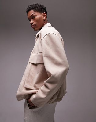 Topman oversized jersey jacket with pockets in stone-Neutral