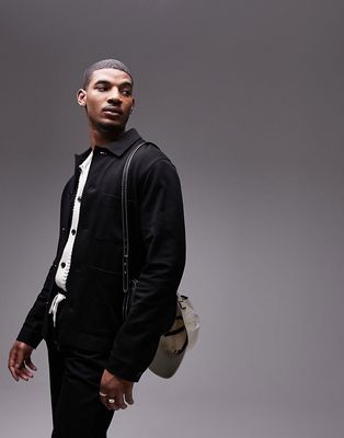 Topman oversized jersey shacket in black-Navy