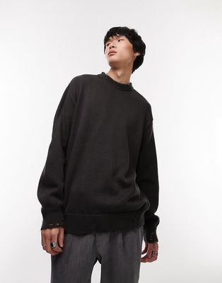 Topman oversized knit crew neck sweater with distressing in washed black