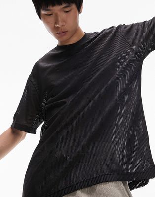 Topman oversized mesh faux leather t-shirt in black