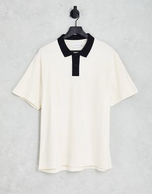 Topman oversized polo with contrast placket in ecru-White