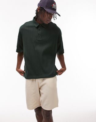 Topman oversized polo with vertical knit texture in green