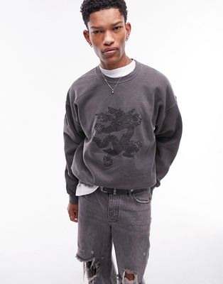 Topman oversized sweatshirt with dragon embroidery in washed black