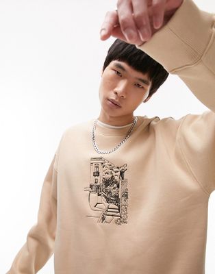 Topman oversized sweatshirt with passage embroidery in stone-Neutral