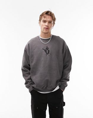 Topman oversized sweatshirt with sacred heart embroidery in washed black
