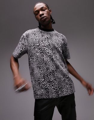 Topman oversized t-shirt with all over leopard print in black