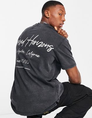 Topman oversized t-shirt with front and back Promised Horizons script print in black acid wash