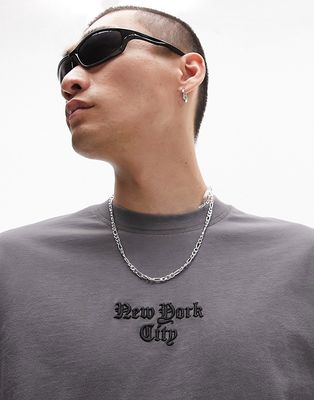 Topman oversized t-shirt with NYC embroidery in washed black