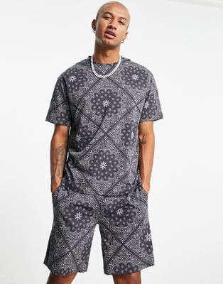 Topman oversized t-shirt with washed paisley print in mono-Black