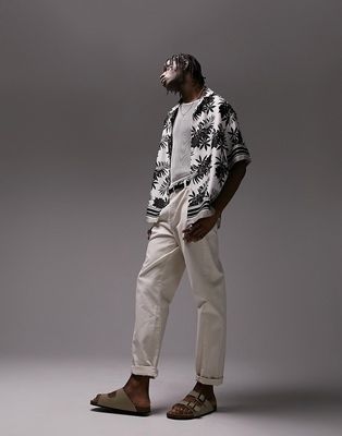 Topman palm border print satin shirt-Black