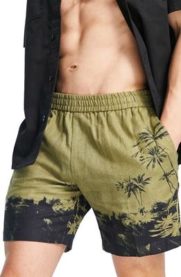 Topman Palm Tree Print Linen Blend Shorts in Khaki
