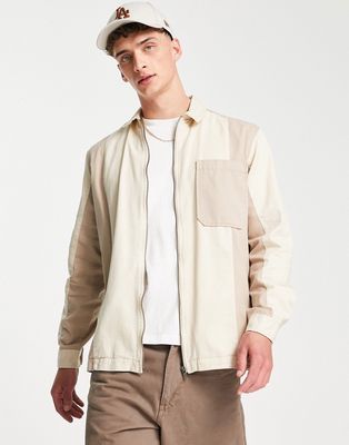 Topman panelled overshirt in ecru and stone-Neutral