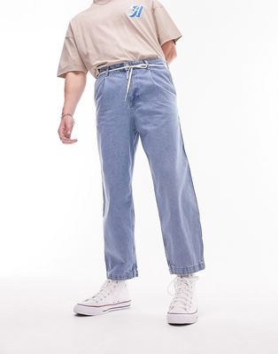Topman pleat front taper jeans in mid wash-Blue