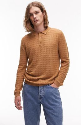 Topman Pointelle Zigzag Polo Sweater in Brown