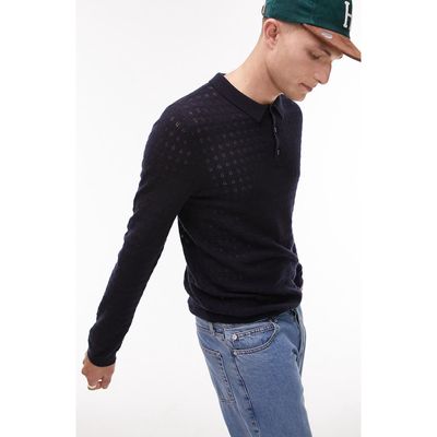 Topman Pointelle Zigzag Polo Sweater in Navy at Nordstrom, Size Large