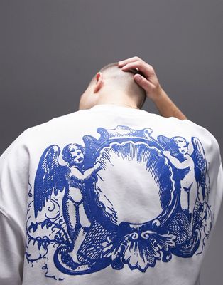 Topman premium extreme oversized fit t-shirt with front and back angels embroidery in white