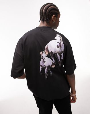 Topman premium extreme oversized fit T-shirt with front and back horse print in black