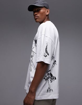 Topman premium extreme oversized fit t-shirt with front and back mono floral embroidery in white