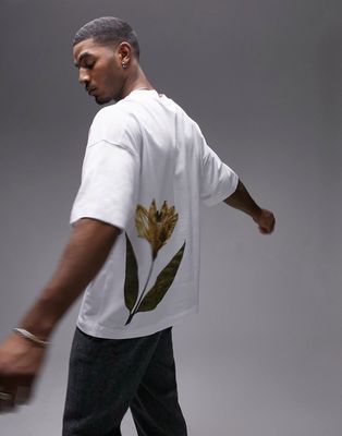 Topman premium extreme oversized fit t-shirt with front and back pressed flower in white