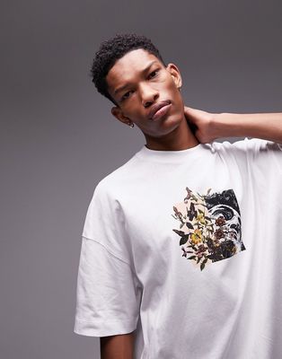 Topman premium extreme oversized fit t-shirt with split floral print in white