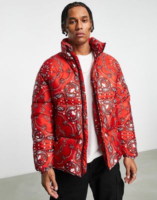 Topman puffer jacket with all over paisley print in red-Multi