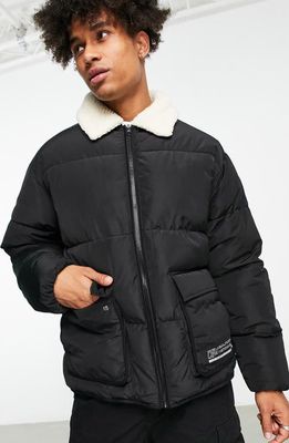 Topman Puffer Jacket with Faux Shearling Collar in Black
