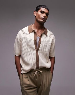 Topman relaxed embroidered knitted shirt in stone-Neutral