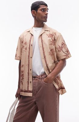 Topman Relaxed Fit Border Camp Shirt in Beige Multi