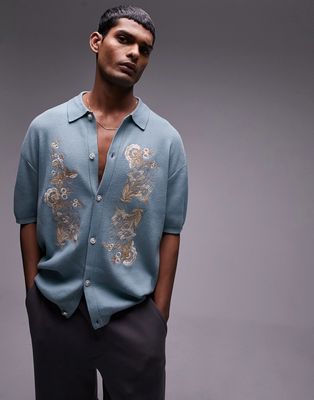 Topman relaxed floral embroidered knitted shirt in blue