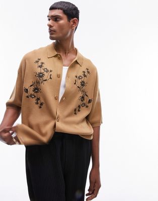 Topman relaxed knitted western embroidered shirt in tan-Brown