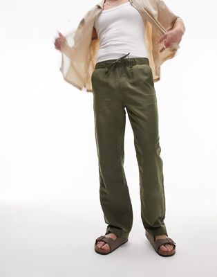 Topman relaxed nylon pants with elasticated waist in khaki-Green