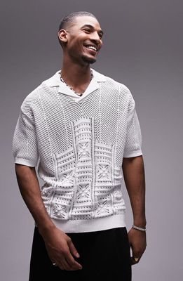 Topman Revere Open Stitch Polo Sweater in White