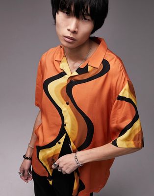 Topman revere shirt with swirl print in orange