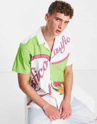 Topman revere shirt with watermelon print in white and green