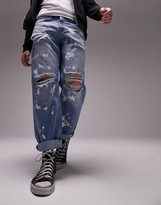 Topman rip and bleach relaxed jeans in mid wash-Blue