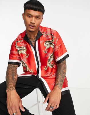 Topman satin camp collar shirt with dragon placement in red