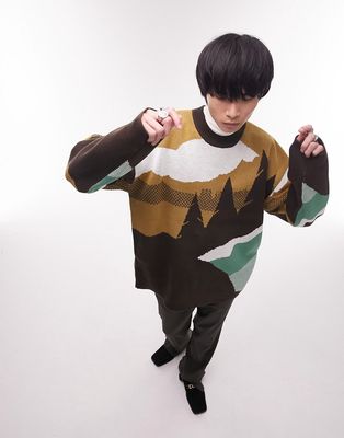 Topman scenic print sweater in brown