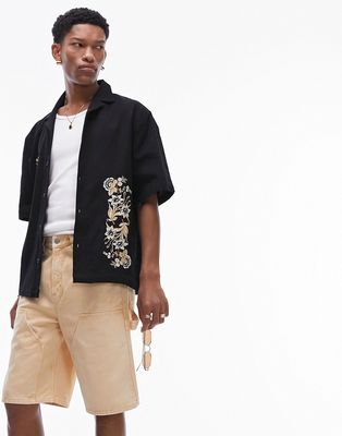 Topman short sleeve floral embroidered shirt in black