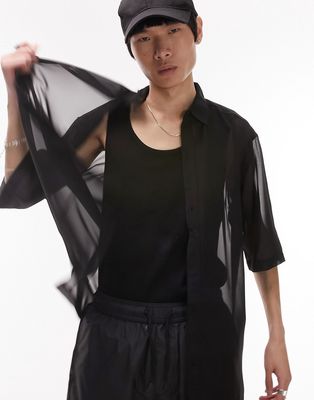 Topman short sleeve relaxed fit sheer button up shirt in black