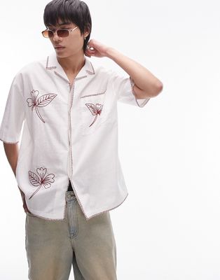 Topman short sleeve relaxed hand drawn embroidered shirt in white