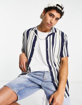 Topman short sleeve revere stripe shirt in navy stripe-Multi