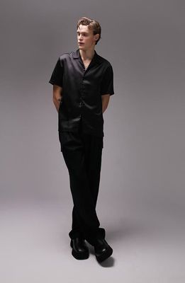 Topman Short Sleeve Satin Button-Up Shirt in Black