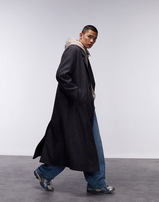Topman single breasted overcoat with wool in gray-Black