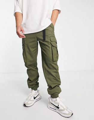 Topman skinny belted cargo pants with side panel in khaki-Green
