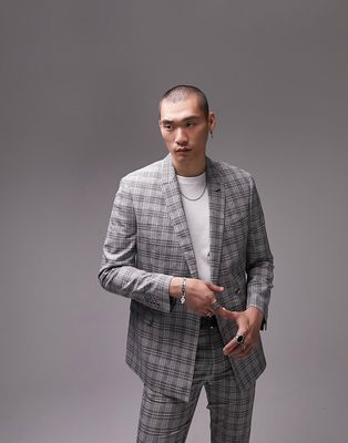 Topman skinny check suit jacket in gray